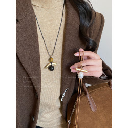 韓系小衆虎眼石珍珠毛衣鏈女款設計感長款項鍊輕奢高級感秋冬配飾