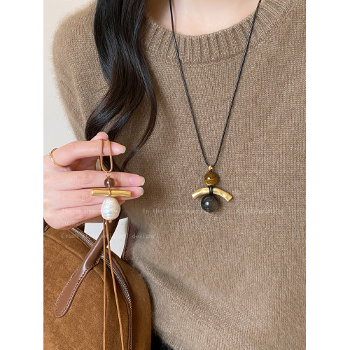 韓系小衆虎眼石珍珠毛衣鏈女款設計感長款項鍊輕奢高級感秋冬配飾 韓系小衆虎眼石珍珠毛衣鏈女款設計感長款項鍊輕奢高級感秋冬配飾