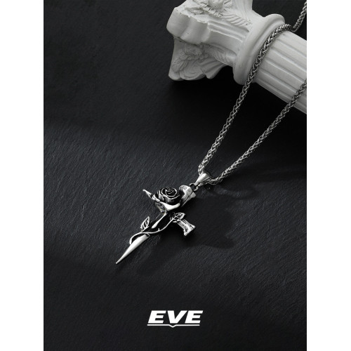 EVE 玫瑰十字架項鍊男款潮輕奢小衆高級設計感男士復古鈦鋼吊墜