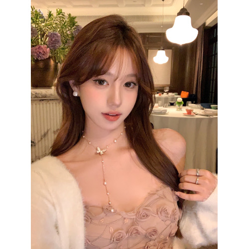 【蜜桃茶】法式香氛 蝴蝶珍珠吊墜項鍊流蘇女choker脖子頸鏈配飾