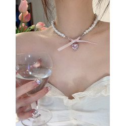 【蜜桃茶】甜美愛心蝴蝶結珍珠項鍊女生夏季鎖骨脖頸鏈choker配飾