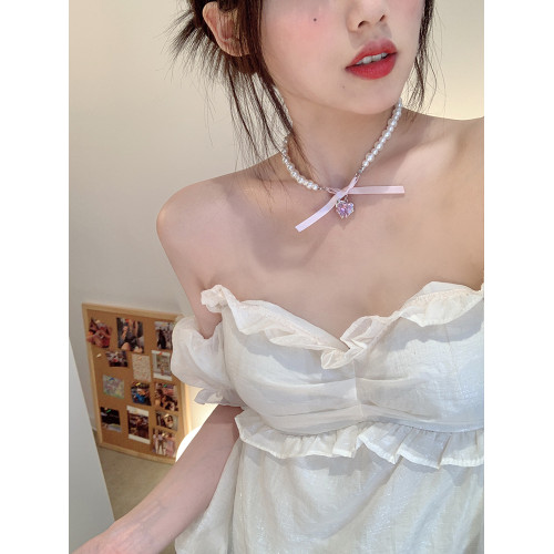 【蜜桃茶】甜美愛心蝴蝶結珍珠項鍊女生夏季鎖骨脖頸鏈choker配飾 【蜜桃茶】甜美愛心蝴蝶結珍珠項鍊女生夏季鎖骨脖頸鏈choker配飾