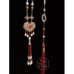 喜樂天然紅瑪瑙流蘇背雲長瓔珞馬面裙平安寶寶鎖漢服項鍊林檎原創