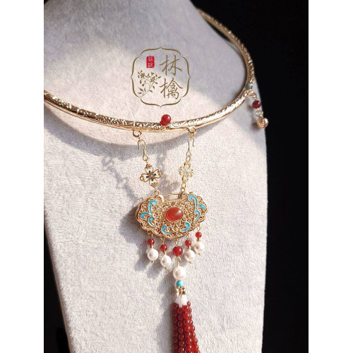 喜樂天然紅瑪瑙流蘇背雲長瓔珞馬面裙平安寶寶鎖漢服項鍊林檎原創