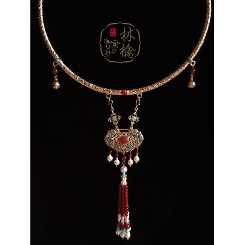 喜樂天然紅瑪瑙流蘇背雲長瓔珞馬面裙平安寶寶鎖漢服項鍊林檎原創