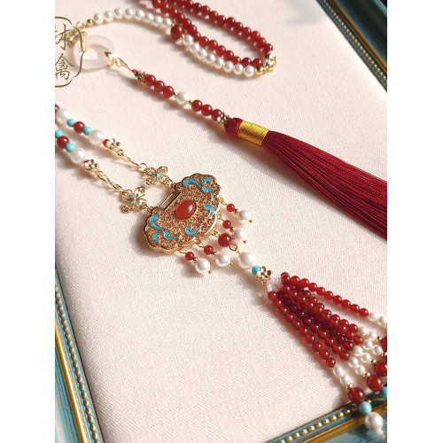 喜樂天然紅瑪瑙流蘇背雲長瓔珞馬面裙平安寶寶鎖漢服項鍊林檎原創