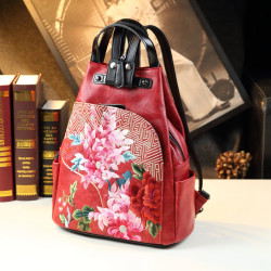 民族風時尚真皮雙肩單肩手拎多用包刺綉花原創設計款女士休閒後後背包