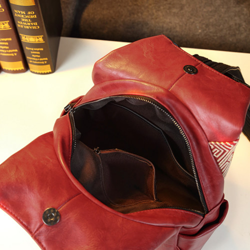 民族風時尚真皮雙肩單肩手拎多用包刺綉花原創設計款女士休閒後後背包