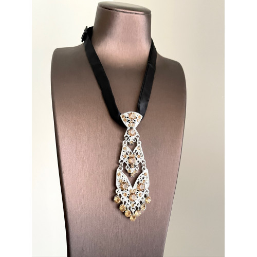 Vintage古著 Diamond-inlaid pearl tie項鍊