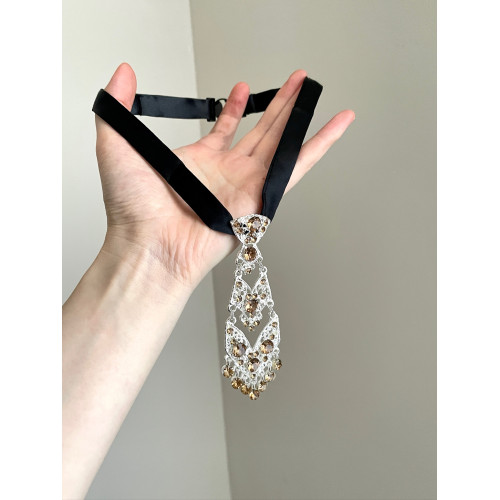 Vintage古著 Diamond-inlaid pearl tie項鍊