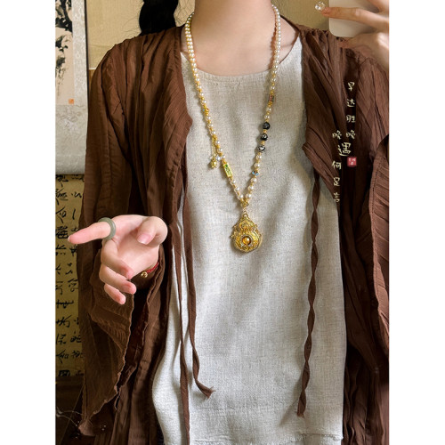 古法金色葫蘆仿珍珠吊墜項鍊女款新中式國風高級感長款毛衣鏈配飾