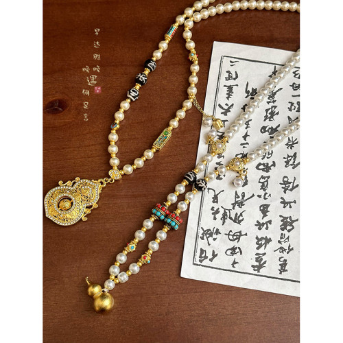 古法金色葫蘆仿珍珠吊墜項鍊女款新中式國風高級感長款毛衣鏈配飾