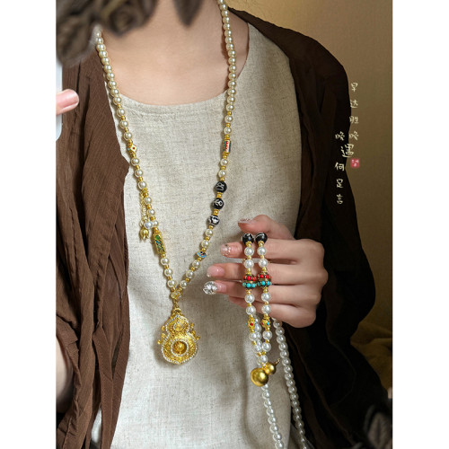 古法金色葫蘆仿珍珠吊墜項鍊女款新中式國風高級感長款毛衣鏈配飾