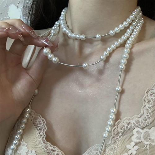 破碎珍珠項鍊女歐美復古氣質不規則長款毛衣鏈輕奢小衆頸鏈鎖骨鍊