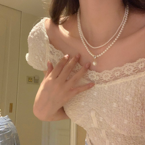 法式復古珍珠雙層項鍊小米珠配飾女高級感輕奢小衆鎖骨鍊choker