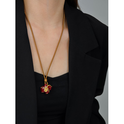 馬上有錢新中式國風馬年本命年紅色小馬吊墜項鍊編織繩長款毛衣鏈