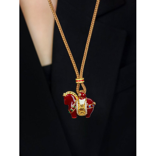 馬上有錢新中式國風馬年本命年紅色小馬吊墜項鍊編織繩長款毛衣鏈