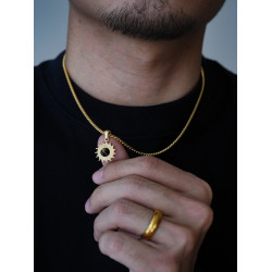 1sman金色太陽花貓眼石吊墜鈦鋼項鍊男款潮流痞帥毛衣鏈飾品禮物