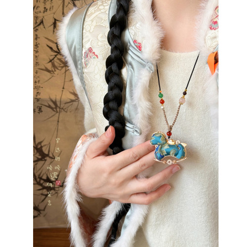 「頸上丹青」雙面宋錦小馬吊墜項鍊女款新中式國風毛衣鏈掛繩配飾