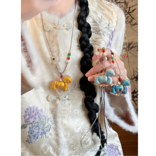 「頸上丹青」雙面宋錦小馬吊墜項鍊女款新中式國風毛衣鏈掛繩配飾