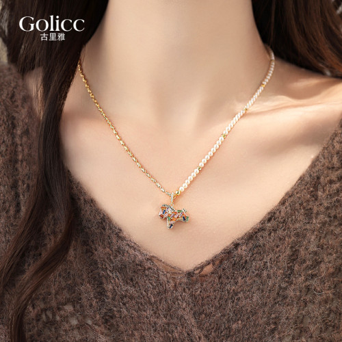 馬年彩色小馬吊墜珍珠項鍊女輕奢高級感小衆毛衣鏈琺瑯本命年配飾