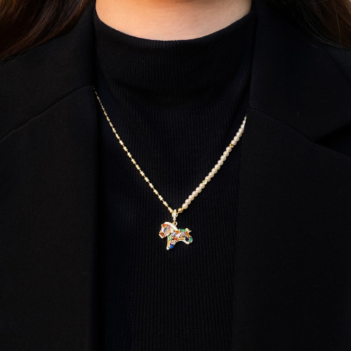 馬年彩色小馬吊墜珍珠項鍊女輕奢高級感小衆毛衣鏈琺瑯本命年配飾