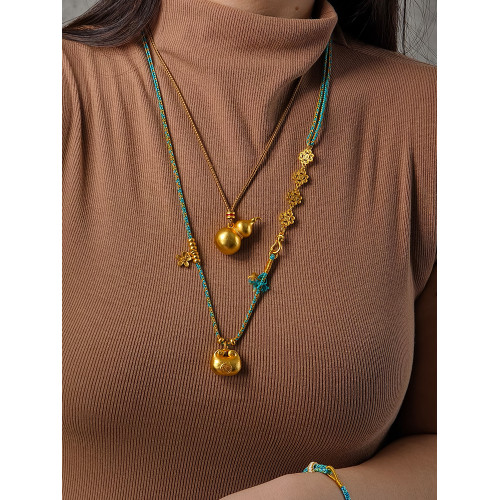 新中式金色葫蘆吊墜國風古法沙金福祿項鍊掛繩款日常百搭長款配飾 新中式金色葫蘆吊墜國風古法沙金福祿項鍊掛繩款日常百搭長款配飾