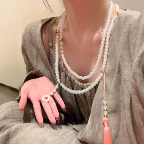 新中式平安釦流蘇串珠斜背鏈長款項鍊國風古風配飾女旗袍復古瓔珞