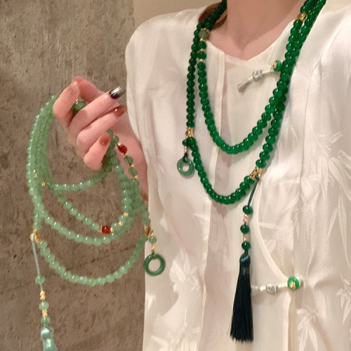 新中式平安釦流蘇串珠斜背鏈長款項鍊國風古風配飾女旗袍復古瓔珞