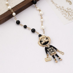 中古黑金小獅子吊墜黑白珍珠項鍊級感小香風毛衣鏈女洋氣項飾品