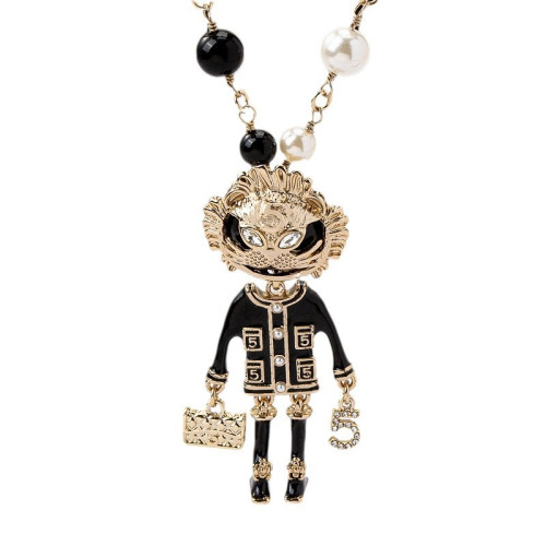 中古黑金小獅子吊墜黑白珍珠項鍊級感小香風毛衣鏈女洋氣項飾品