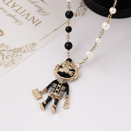 中古黑金小獅子吊墜黑白珍珠項鍊級感小香風毛衣鏈女洋氣項飾品
