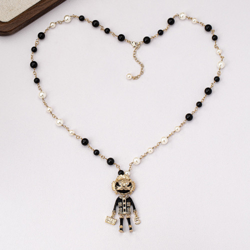 中古黑金小獅子吊墜黑白珍珠項鍊級感小香風毛衣鏈女洋氣項飾品