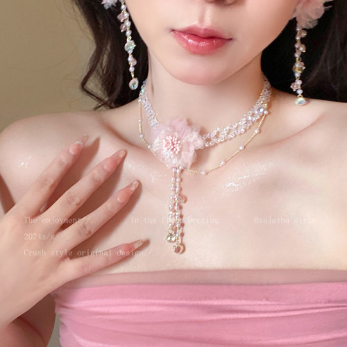 粉色水晶花朵珍珠項鍊女晚禮服誇張高級感輕奢頸鏈婚紗配飾choker