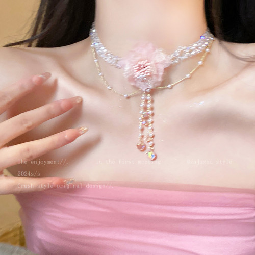 粉色水晶花朵珍珠項鍊女晚禮服誇張高級感輕奢頸鏈婚紗配飾choker
