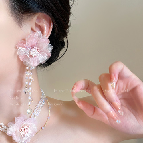 粉色水晶花朵珍珠項鍊女晚禮服誇張高級感輕奢頸鏈婚紗配飾choker