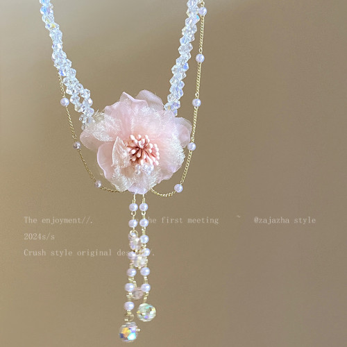 粉色水晶花朵珍珠項鍊女晚禮服誇張高級感輕奢頸鏈婚紗配飾choker