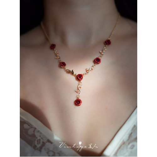 「珮利斯玫瑰」vintage法式復古優雅森系高級感紅玫瑰項鍊/鎖骨鍊 「珮利斯玫瑰」vintage法式復古優雅森系高級感紅玫瑰項鍊/鎖骨鍊