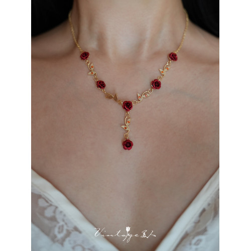 「珮利斯玫瑰」vintage法式復古優雅森系高級感紅玫瑰項鍊/鎖骨鍊 「珮利斯玫瑰」vintage法式復古優雅森系高級感紅玫瑰項鍊/鎖骨鍊