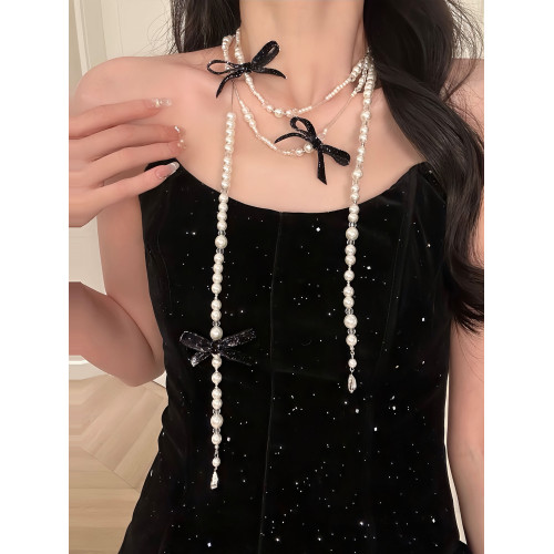 野心家原創【名伶千金】小香風蝴蝶結珍珠項鍊高級感鎖骨鍊毛衣鏈