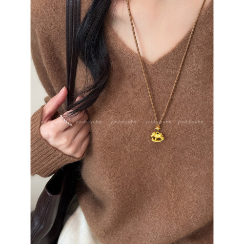 “馬上聚財”新中式金色小馬編繩項鍊女本命年秋冬長款毛衣鏈配飾