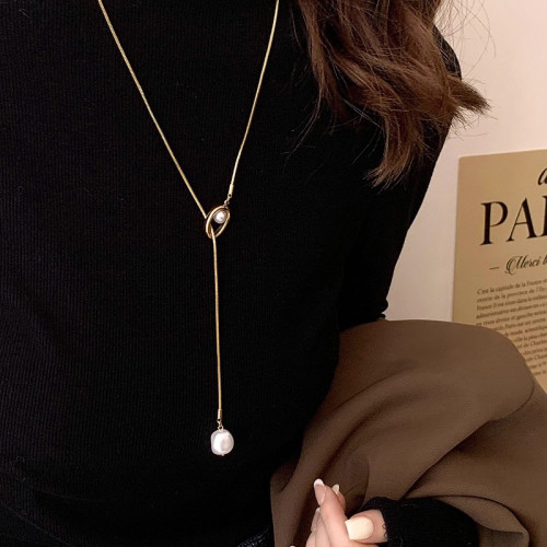 鈦鋼不掉色長款珍珠吊墜項鍊女2025新款爆款毛衣鏈時尚高級感頸鏈
