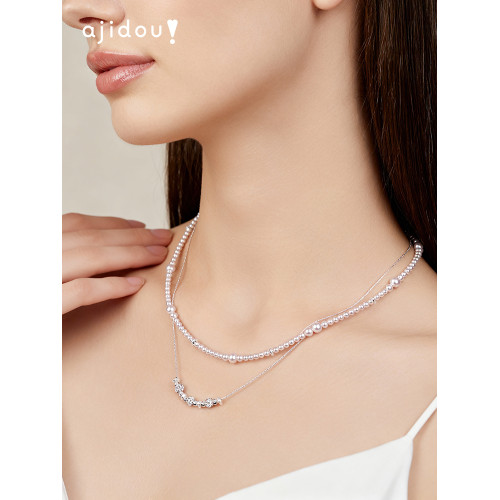 AJIDOU阿吉豆項鍊女氣泡珍珠雙層小衆輕奢設計感短鏈鎖骨鍊毛衣鏈