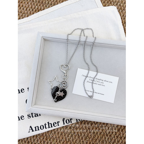 NANYING甜酷風黑色波點愛心音符項鍊甜美Y2k吊墜辣妹亞文化衛衣鏈