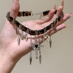 HEY TAO千禧辣妹風豹紋鉚釘十字架choker項鍊女小衆頸鏈項圈配飾