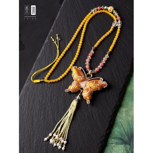 雙面宋錦蝴蝶吊墜水晶掛鏈多色可選彿牌唐卡吊墜鏈漢服旗袍配鏈