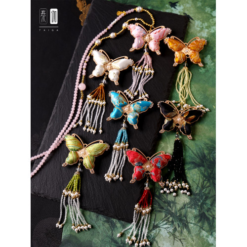 雙面宋錦蝴蝶吊墜水晶掛鏈多色可選彿牌唐卡吊墜鏈漢服旗袍配鏈