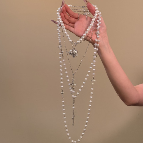 HEY TAO甜酷多層十字架珍珠項鍊女小衆個性長款曡戴鎖骨頸鏈配飾