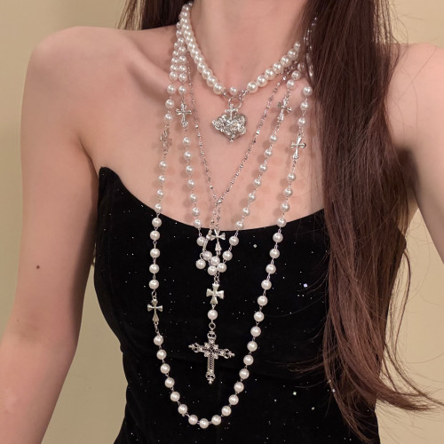 HEY TAO甜酷多層十字架珍珠項鍊女小衆個性長款曡戴鎖骨頸鏈配飾