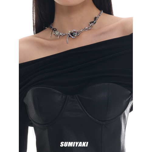 SUMIYAKI 龐克愛心繫列皮革項鍊 甜酷辣妹鎖骨鍊暗黑龐克小衆頸鏈